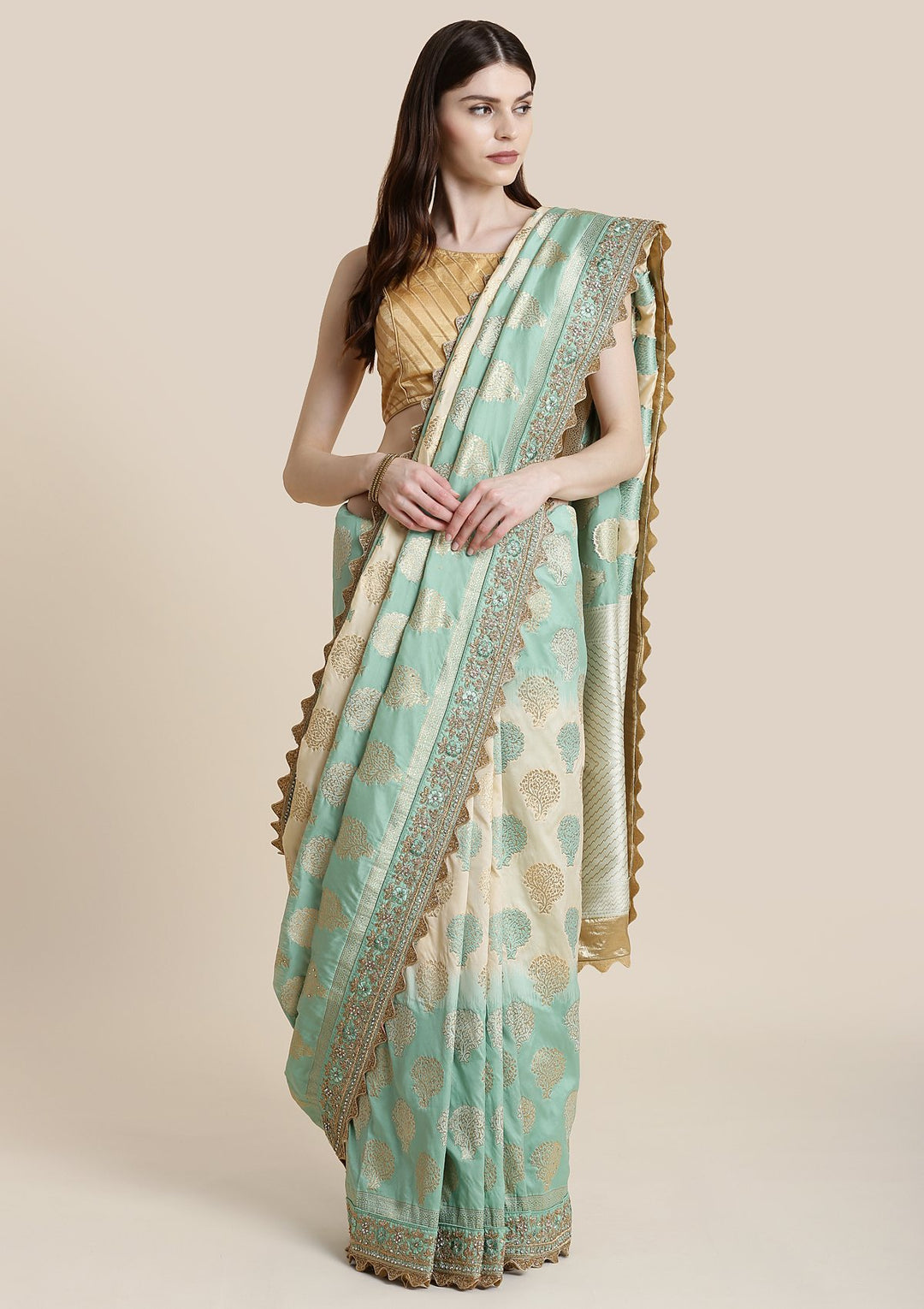 Sea Green Zariwork Brocade Designer Saree-Koskii