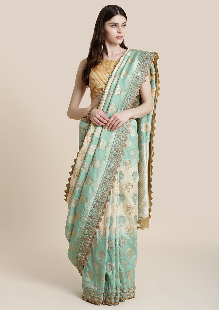 Sea Green Zariwork Brocade Designer Saree-Koskii