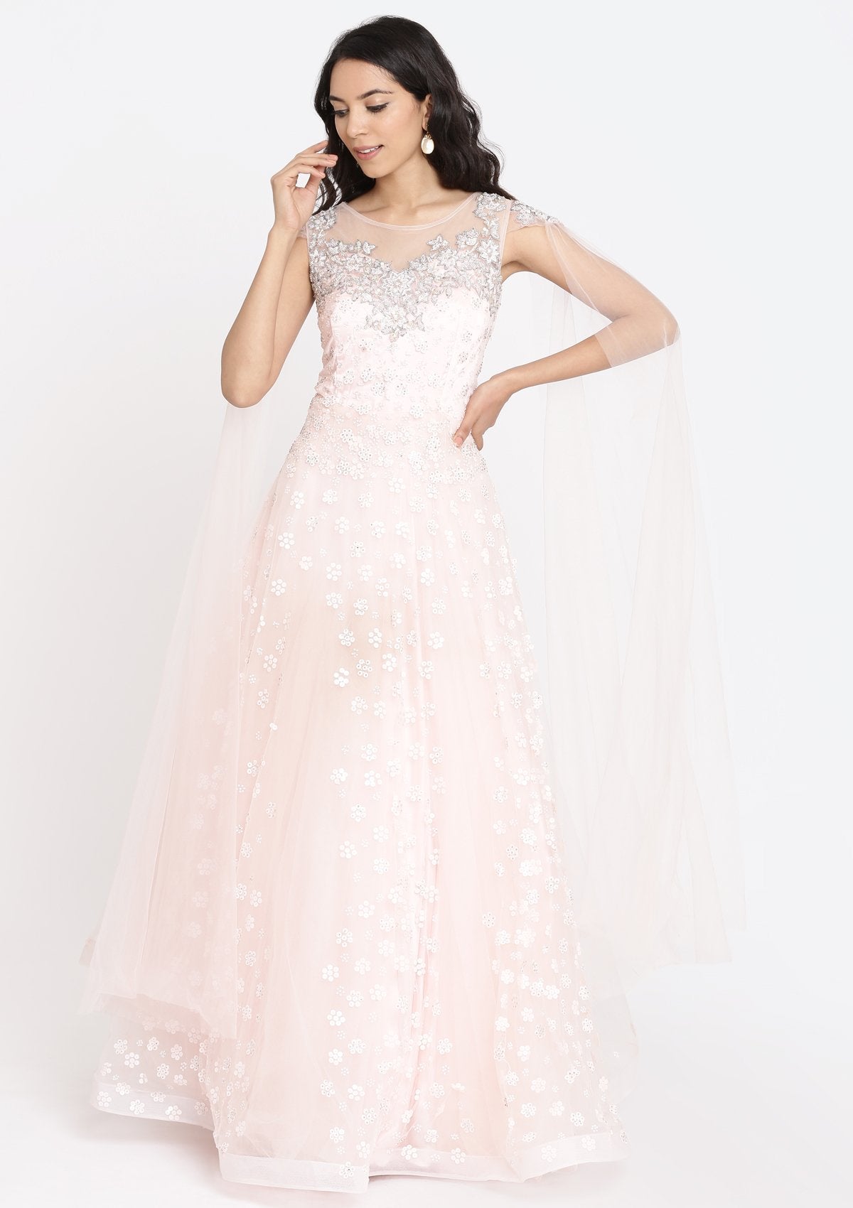 Baby Pink Sequins Net Designer Gown-Koskii