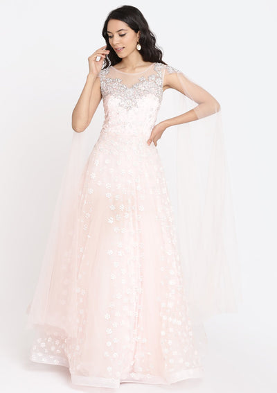 Baby Pink Sequins Net Designer Gown-Koskii