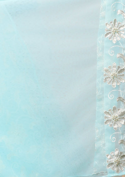 Light Blue Floral Thread Work Designer Lehenga-Koskii