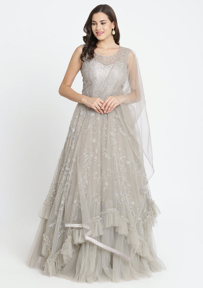 Light Grey Silver Stonework Net Designer Gown-Koskii