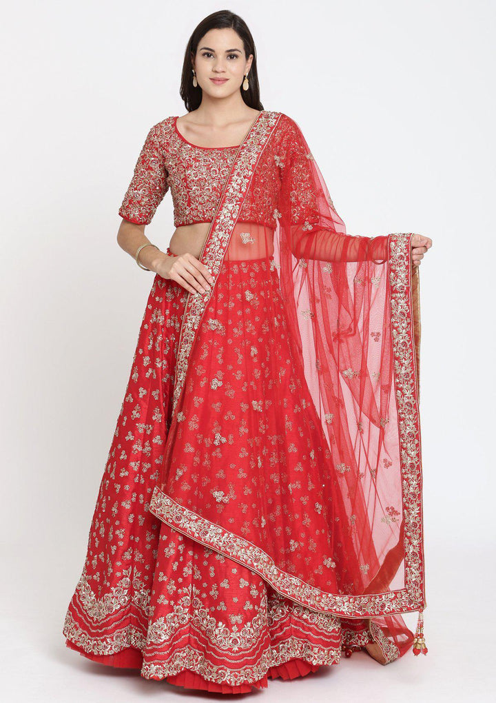 Red Sequinned Raw Silk Designer Lehenga-Koskii