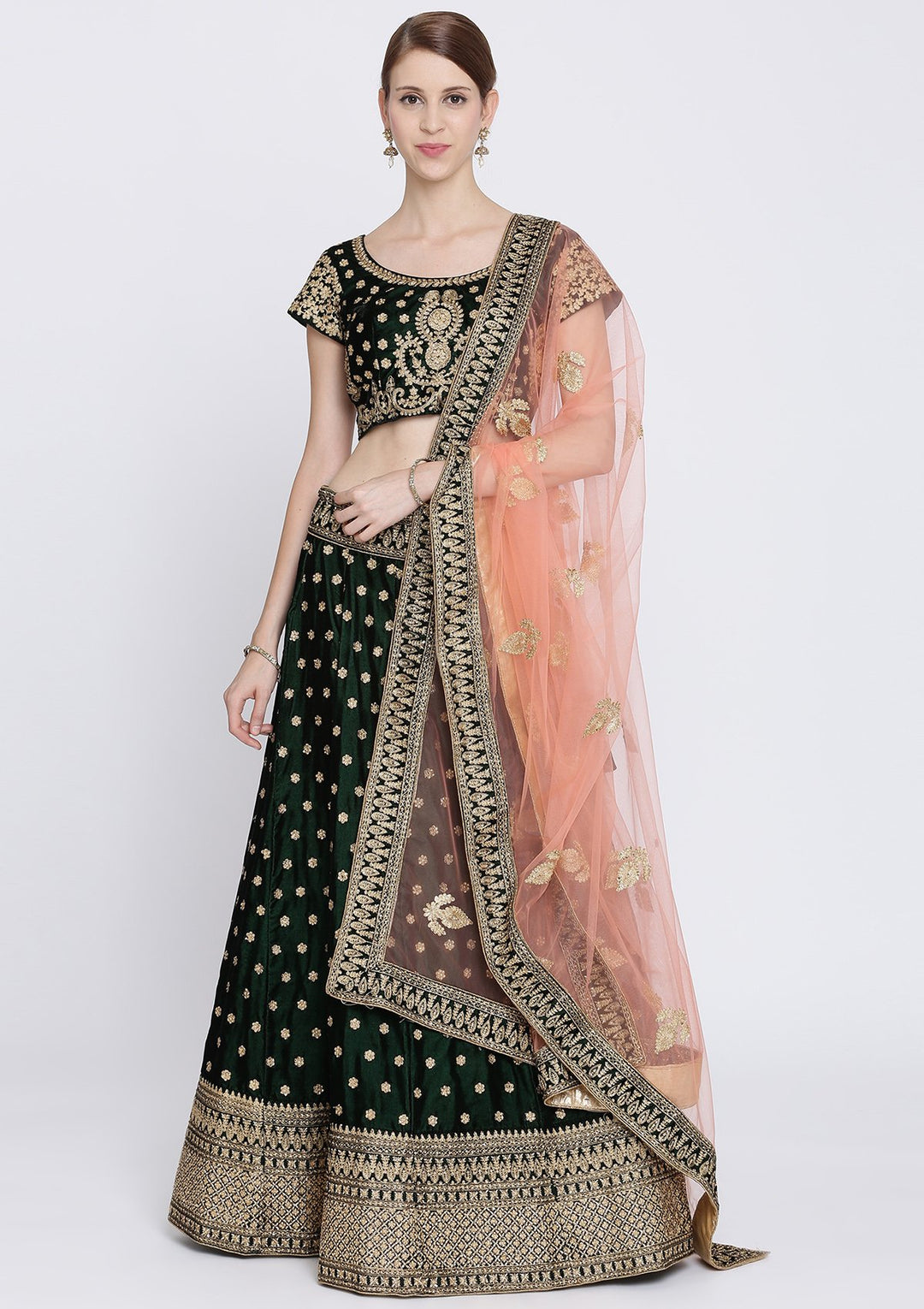 Bottle Green Zariwork Velvet Designer Lehenga-Koskii