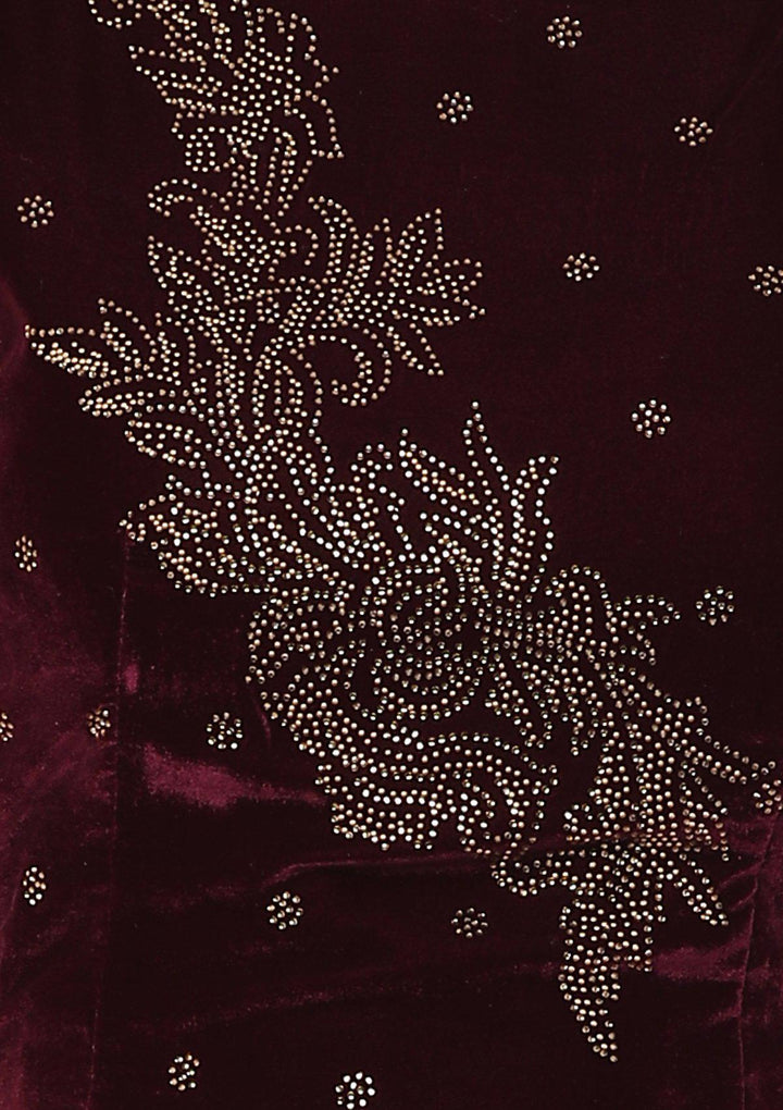 Red Wine Micro Stone Velvet Designer Lehenga-Koskii