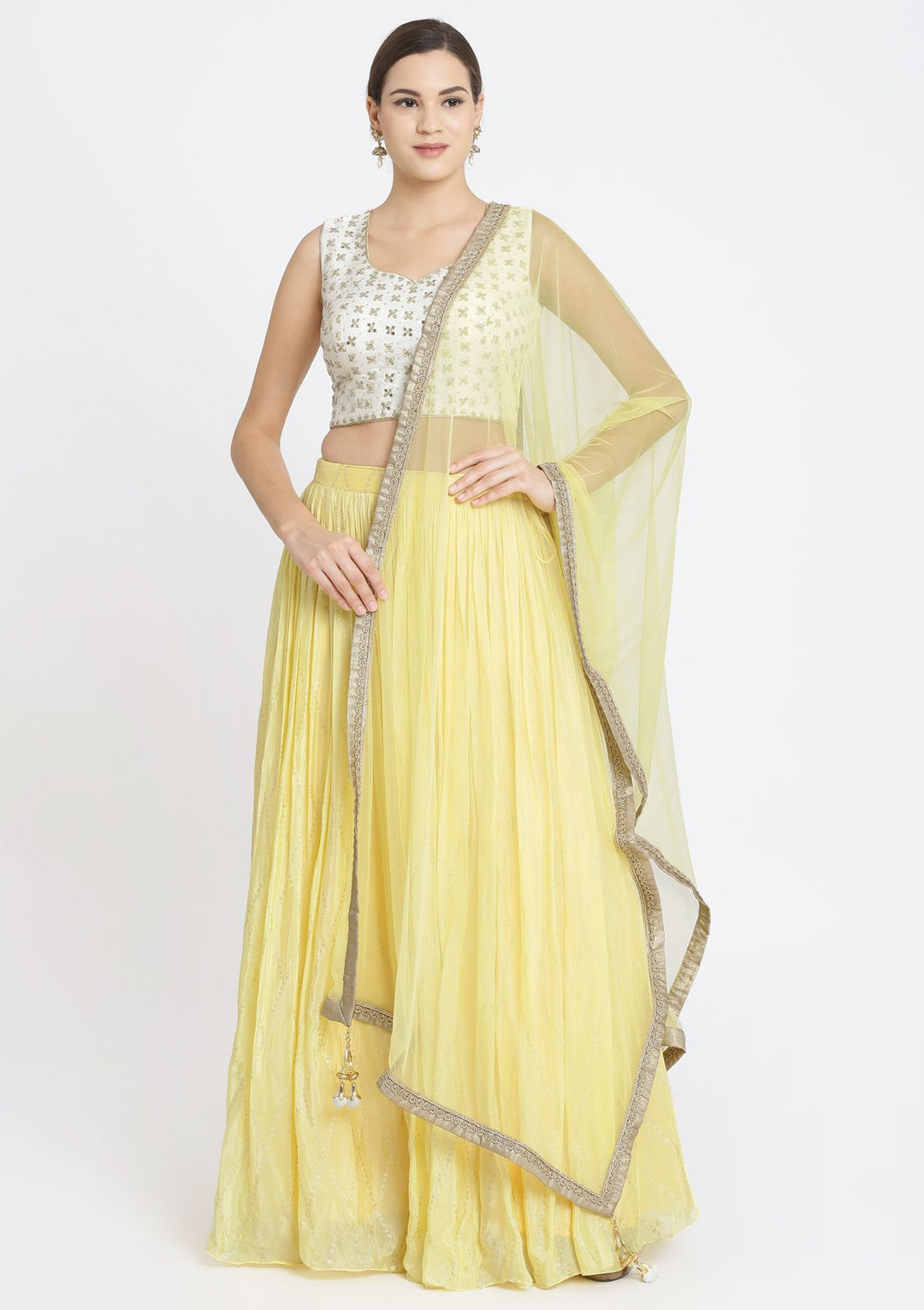 Yellow and Off-White Mirrorwork Satin Designer Lehenga-Koskii