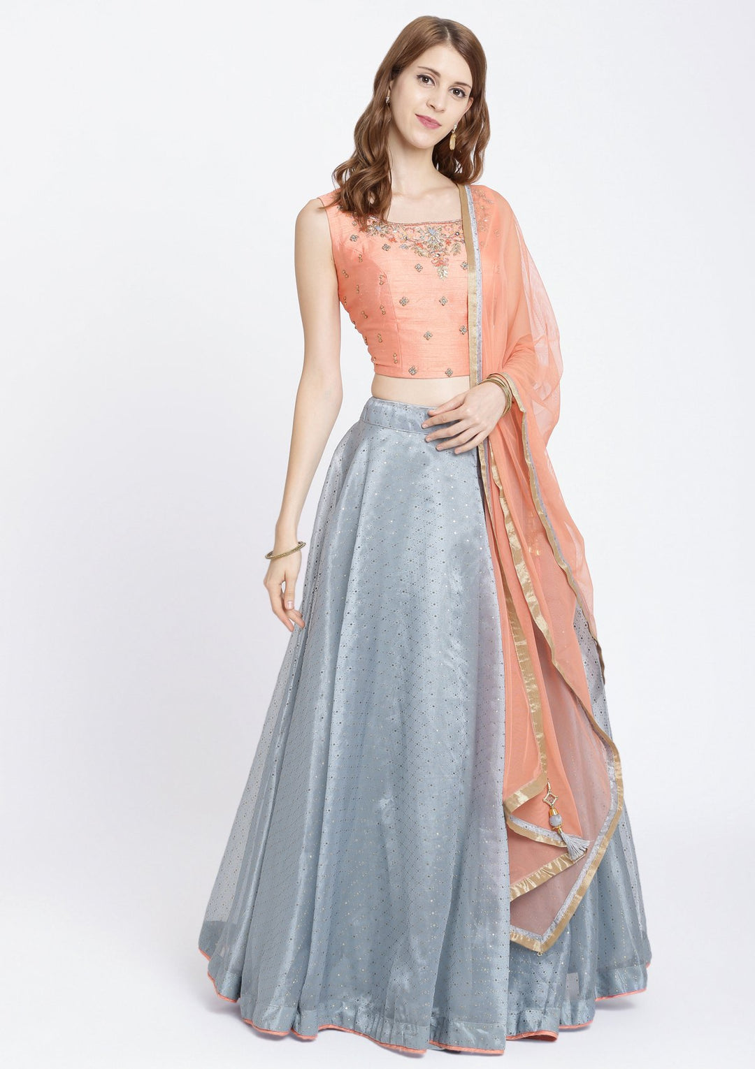 Dark Grey Zardozi Tissue Designer Lehenga-Koskii