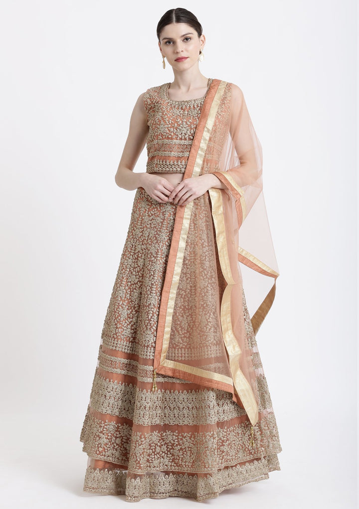 Peach Zariwork Net Designer Lehenga-Koskii