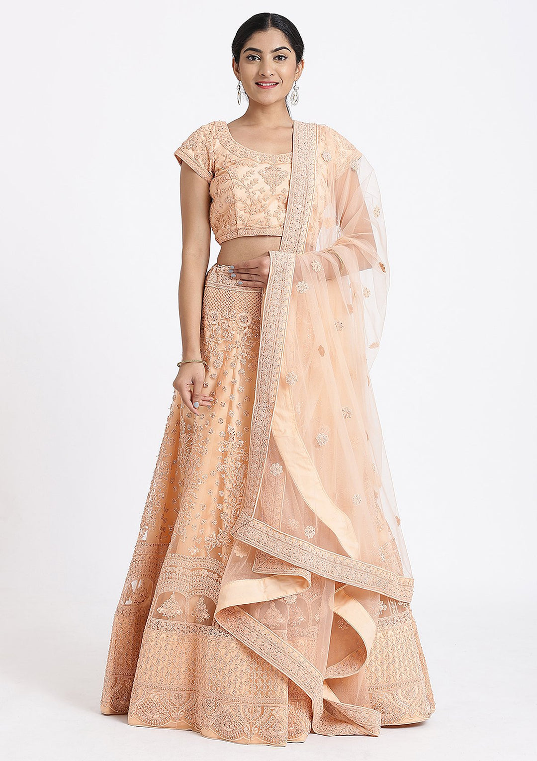 Peach Threadwork Net Designer Lehenga-Koskii