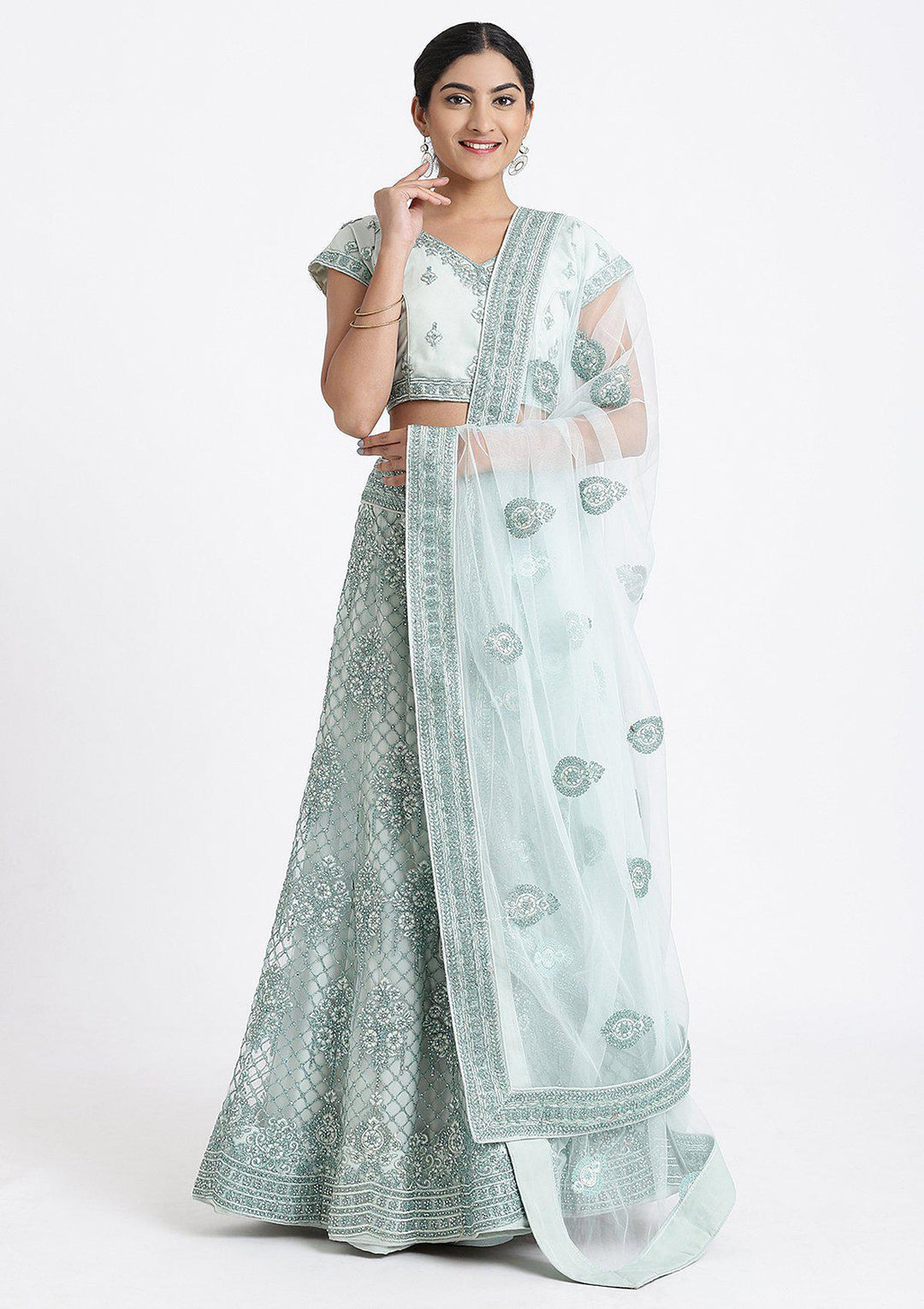 Sea Green Stone Work Net Designer Lehenga-Koskii
