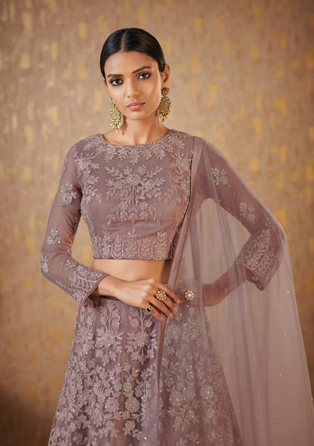 Dark Mauve Embroidered Net Designer Lehenga-Koskii