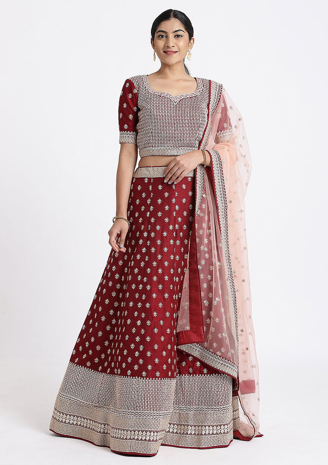 Maroon Zari Work Rawsilk Designer Lehenga-Koskii