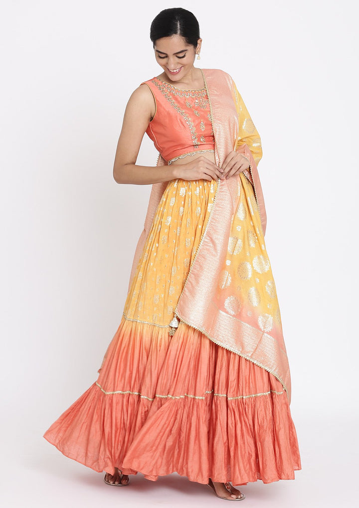Mustard And Peach Gotapatti Art Silk Designer Lehenga - koskii