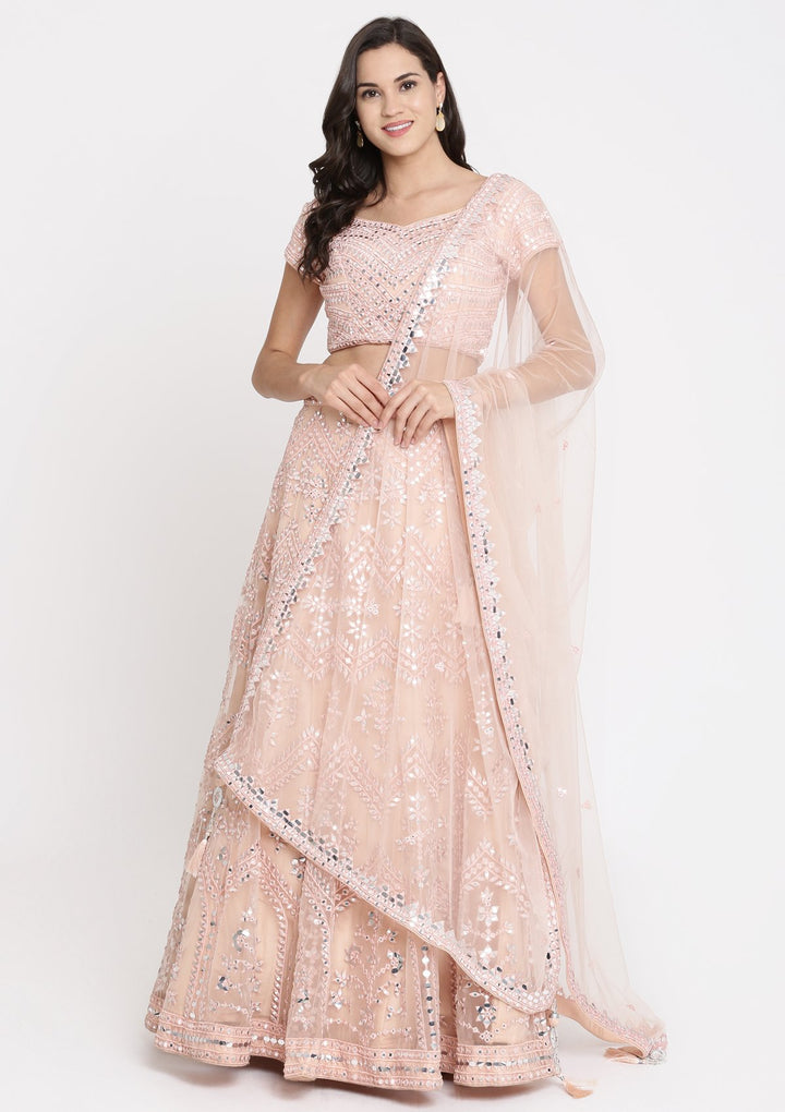 Peach Mirrorwork Net Designer Lehenga-Koskii