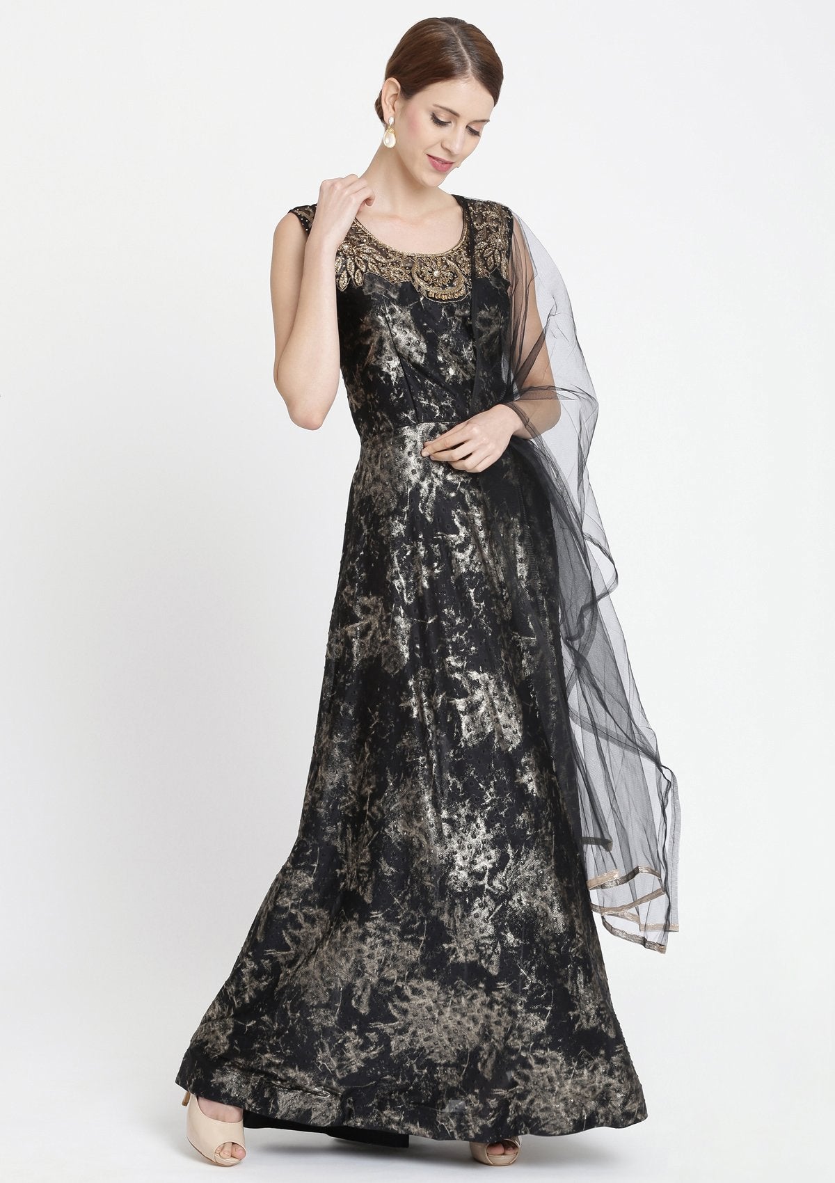 Black Stonework Lycra Designer Gown-Koskii