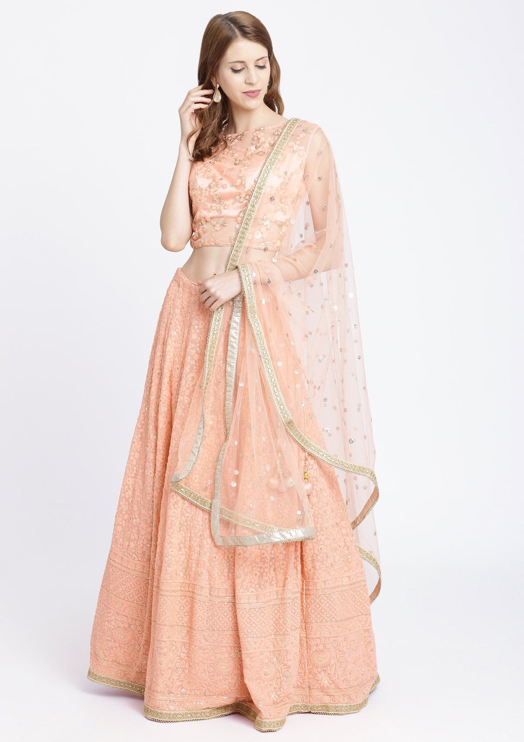 Peach Threadwork Chiffon Designer Lehenga-Koskii