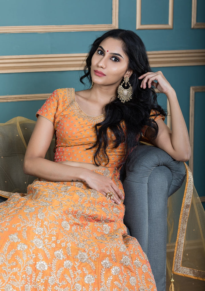 Mustard Yellow Stone Work Silk Designer Lehenga-Koskii