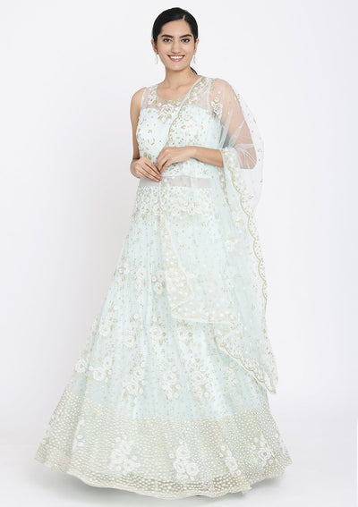 Sky Blue Cutdana Net Designer Gown - koskii