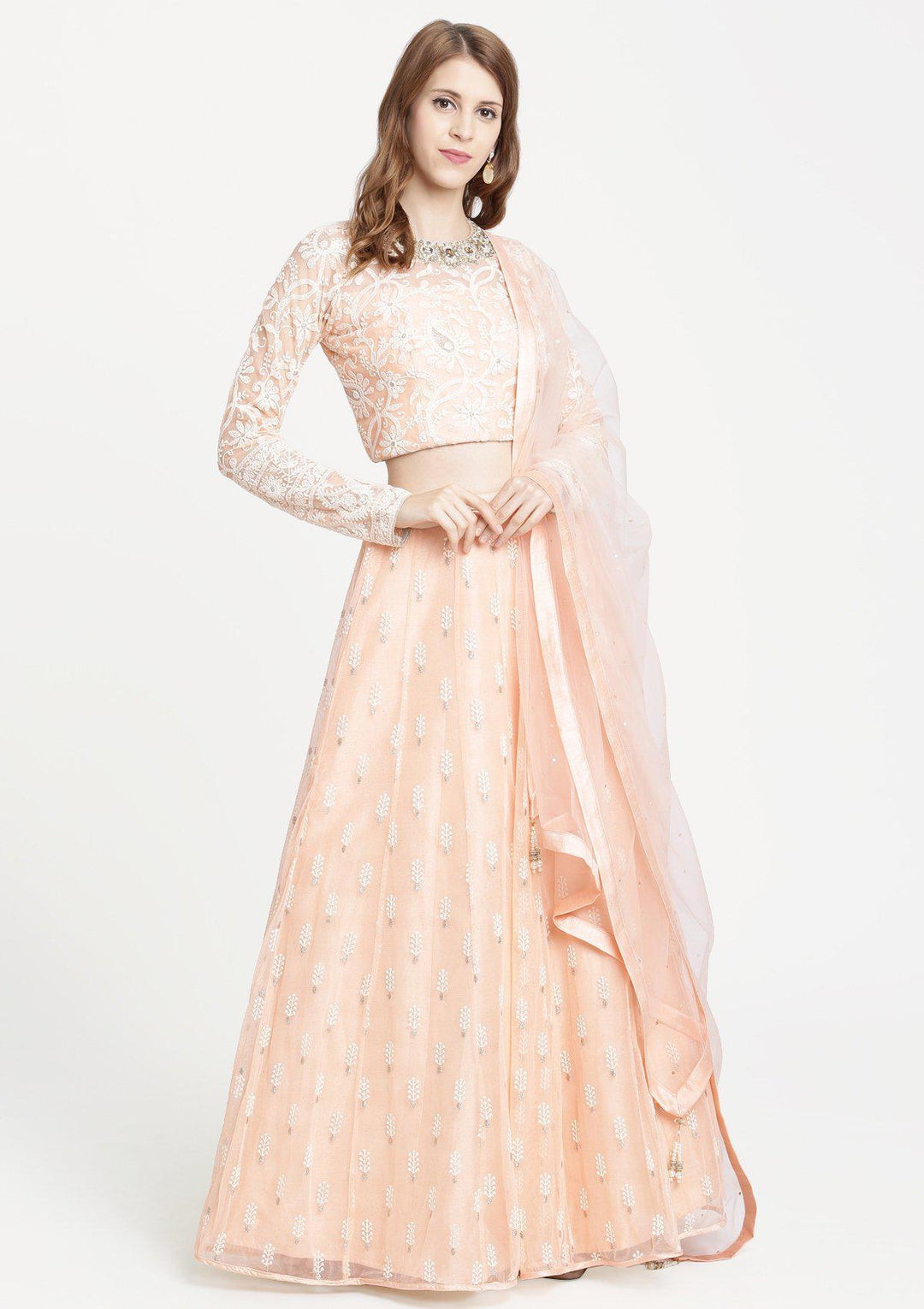 Peach Threadwork Net Designer Lehenga-Koskii