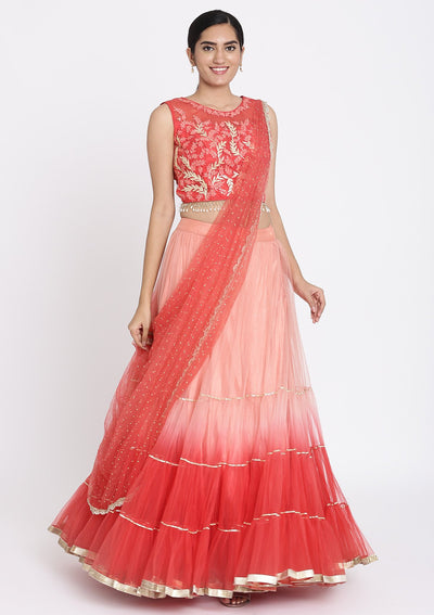 Red And Pink Threadwork Net Designer Lehenga - koskii