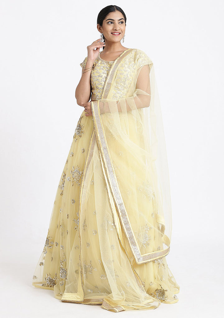 Lemon Yellow Gota Patti Net Designer Lehenga-Koskii