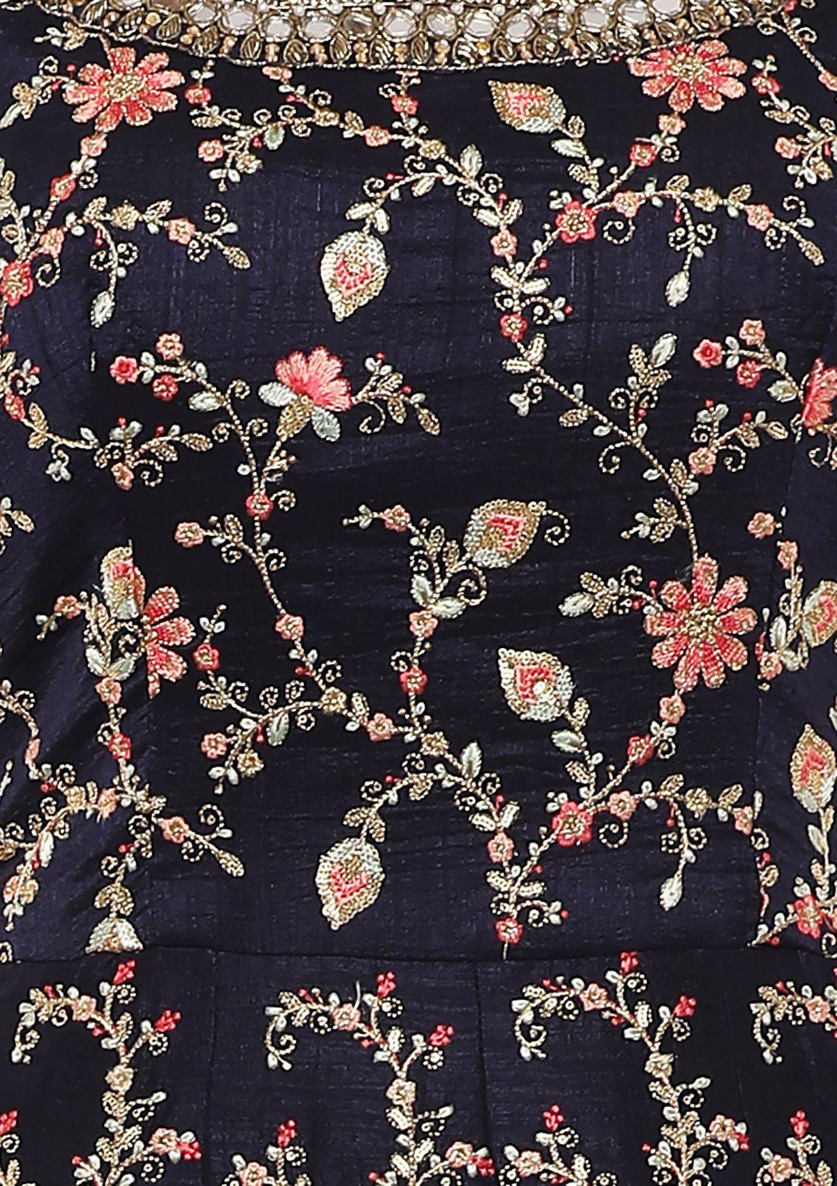 Navy Blue Floral Thread Work Designer Gown-Koskii