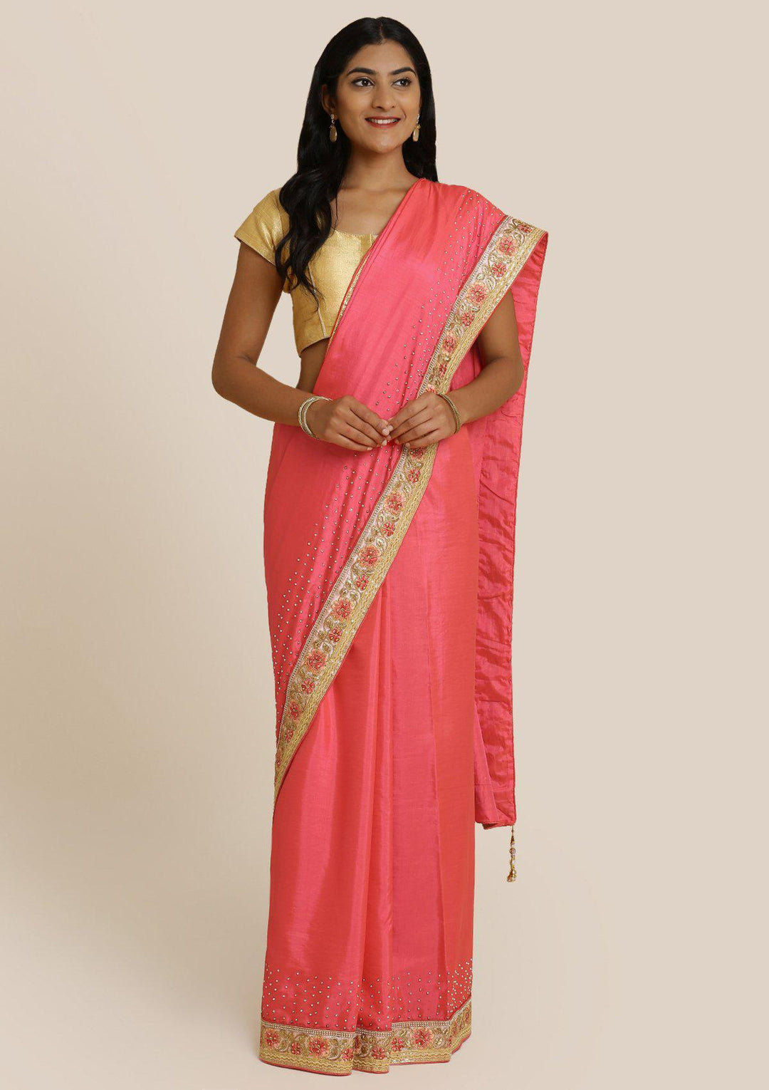 Pink Zariwork Art Silk Designer Saree-Koskii