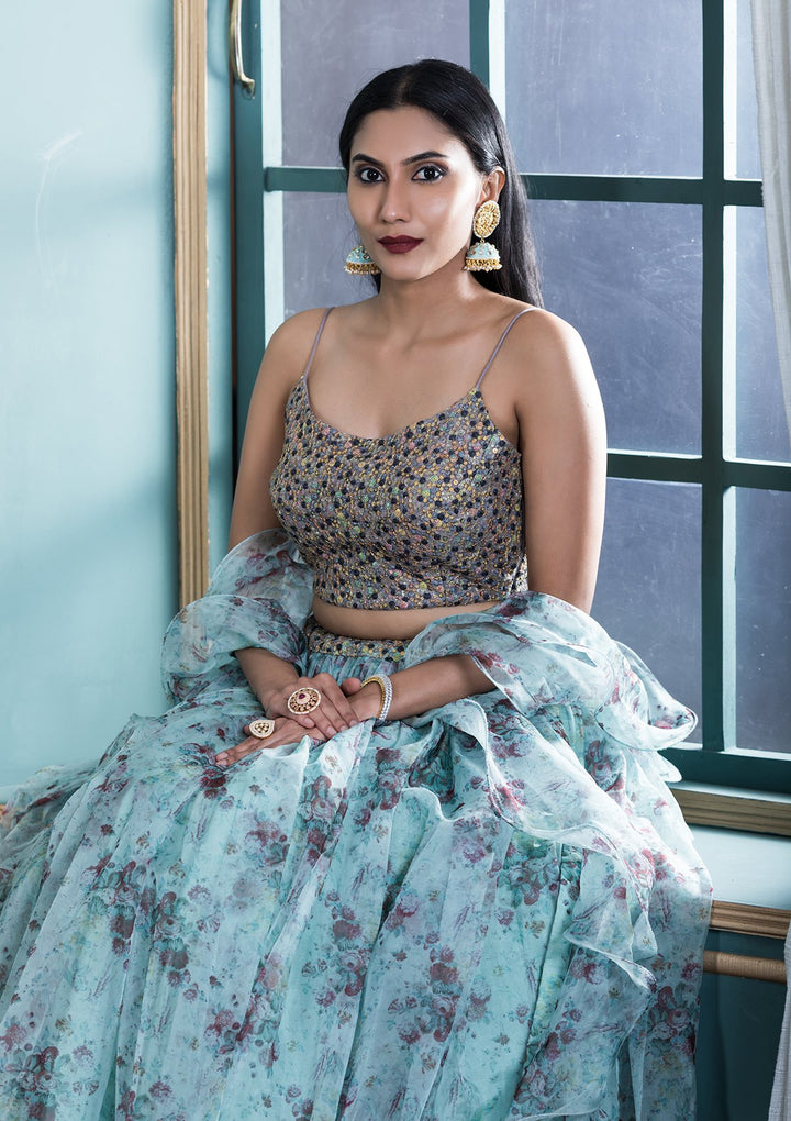 Sea Green Printed Designer Lehenga-Koskii