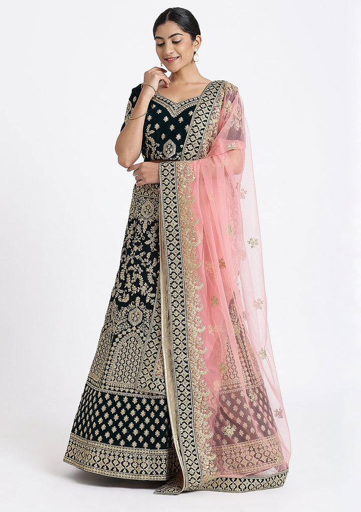 Bottle Green Zariwork Velvet Designer Lehenga-Koskii