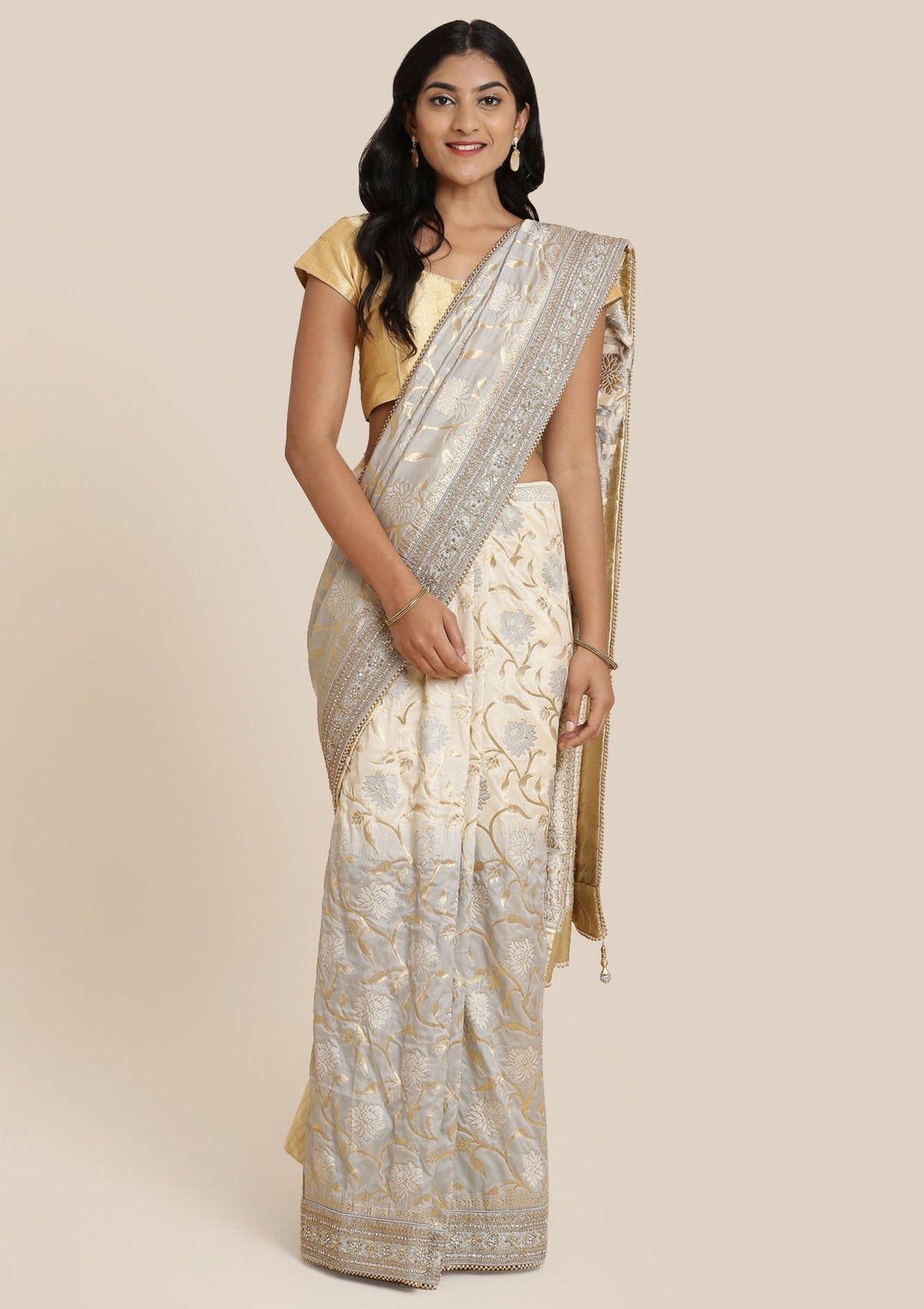 Light Grey Zariwork Brocade Designer Saree-Koskii