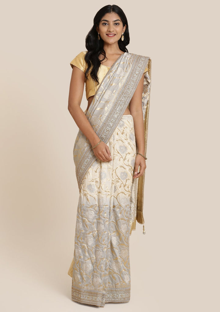 Light Grey Zariwork Brocade Designer Saree-Koskii