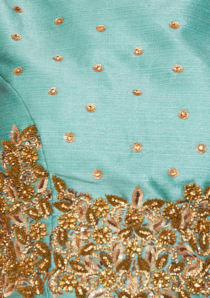 Teal Stonework Raw-Silk Designer Lehenga-Koskii