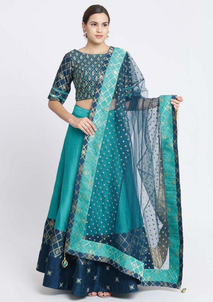Turquoise Blue Zardosi Rawsilk Designer Lehenga-Koskii