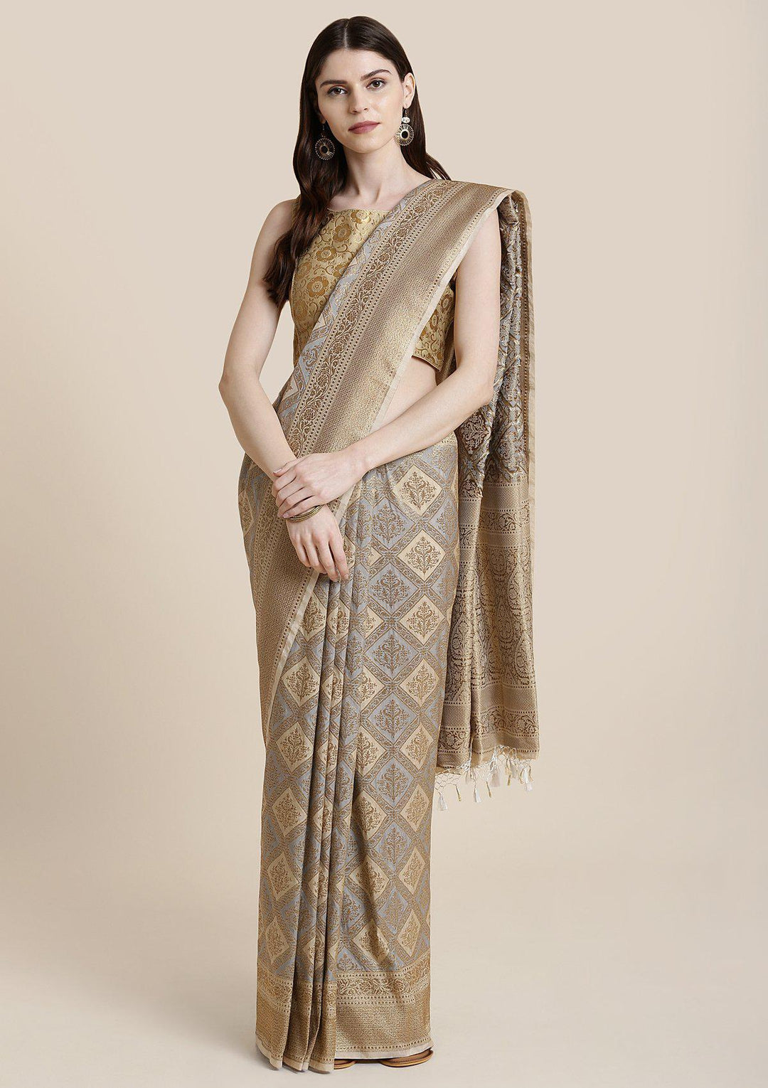 Fawn Zariwork Brocade Designer Saree-Koskii