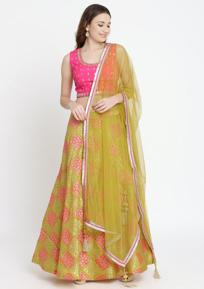 Yellow and Fuschia Mirrorwork Brocade Designer Lehenga-Koskii