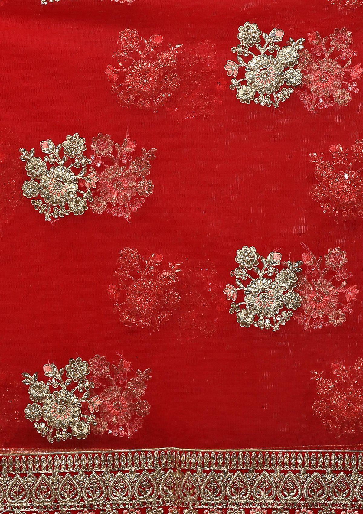 Red Stone Work Velvet Designer Lehenga-Koskii