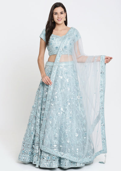 Sea Green Mirror Work Net Designer Lehenga-Koskii