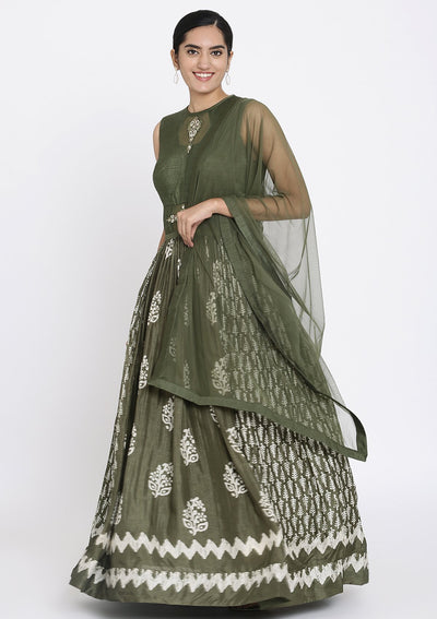 Mehendi Printed Art Silk Designer Gown - koskii