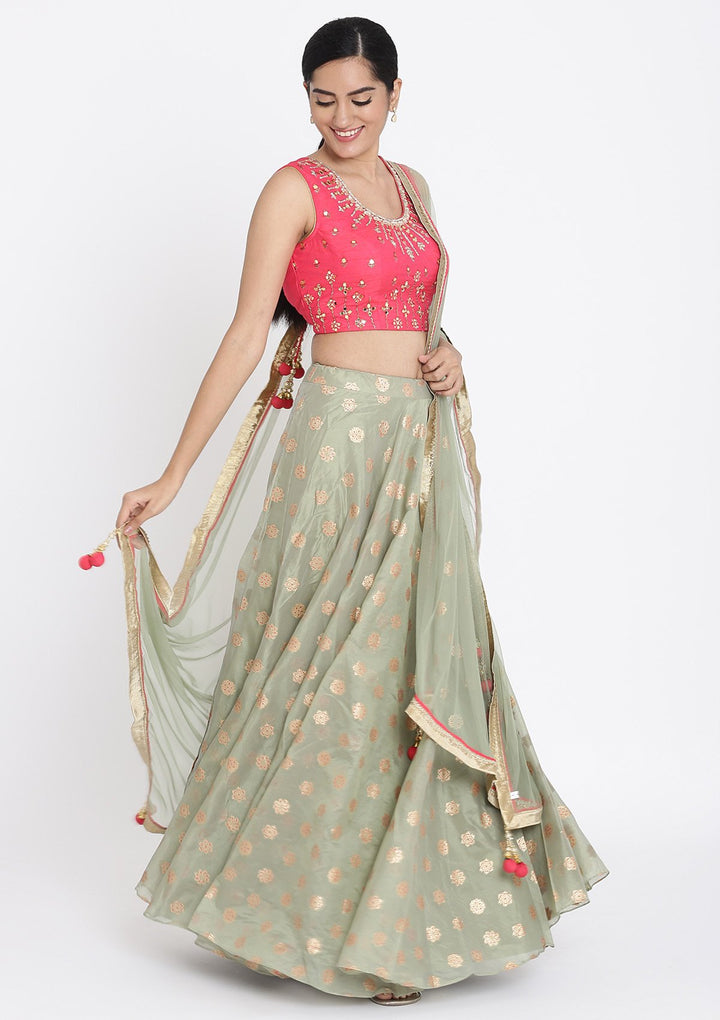 Pista Green And Pink Mirrorwork Tissue Designer Lehenga - koskii