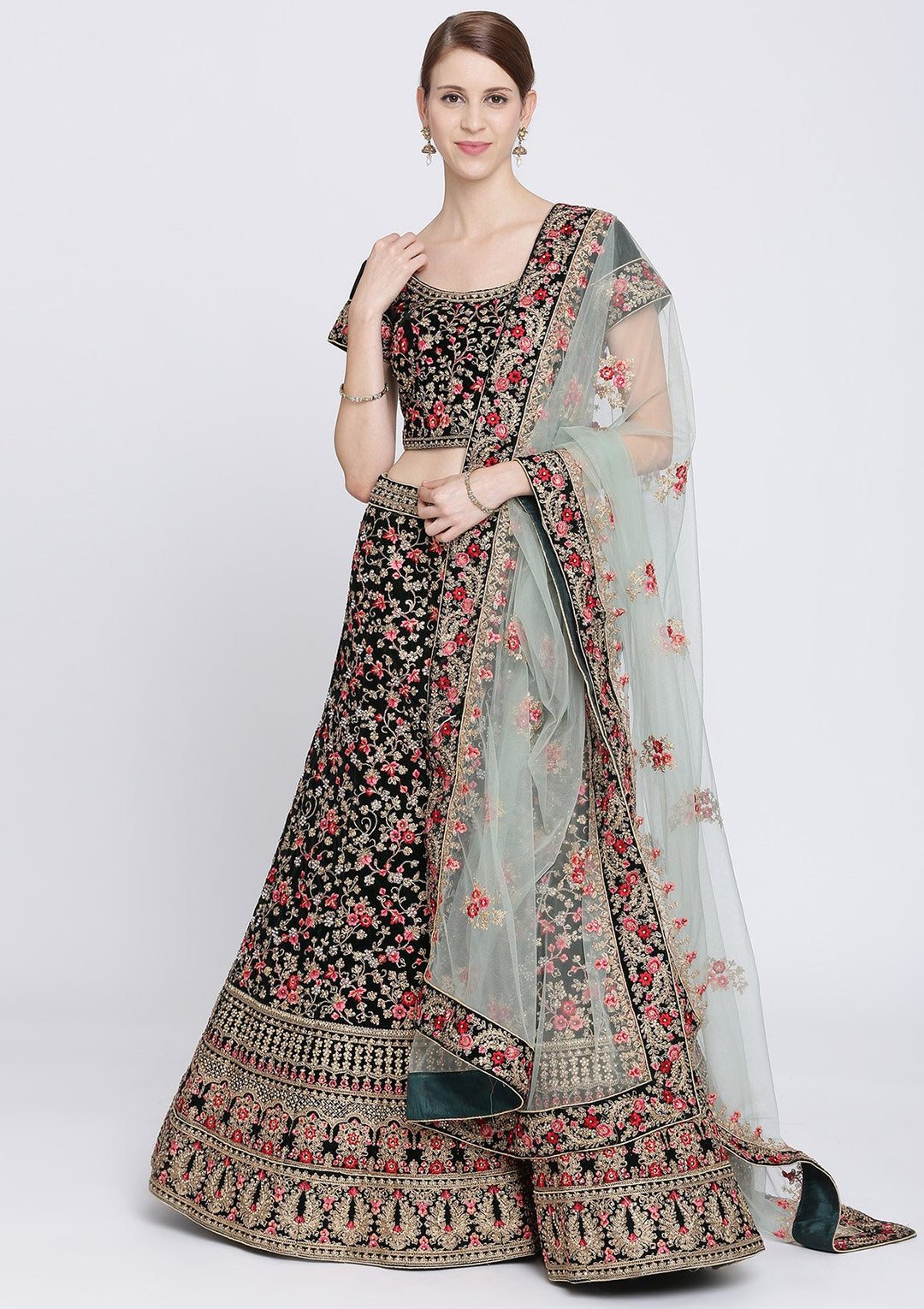 Bottle Green Stonework Velvet Designer Lehenga-Koskii