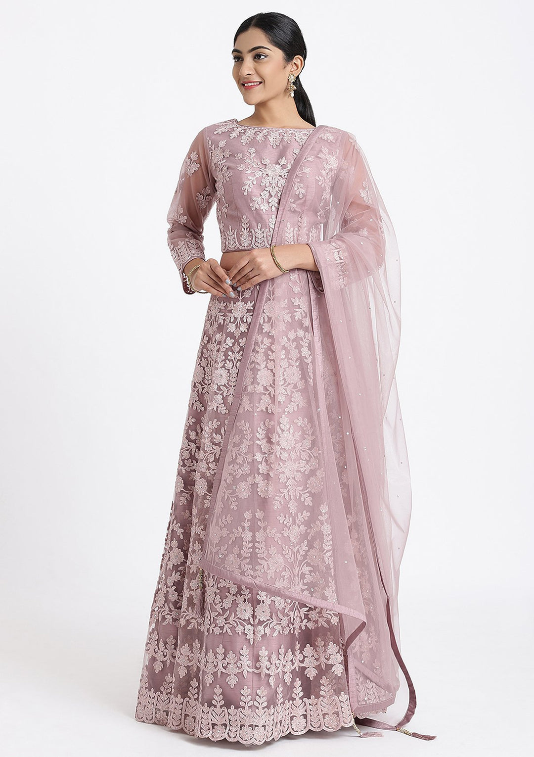 Mauve Threadwork Net Designer Lehenga-Koskii