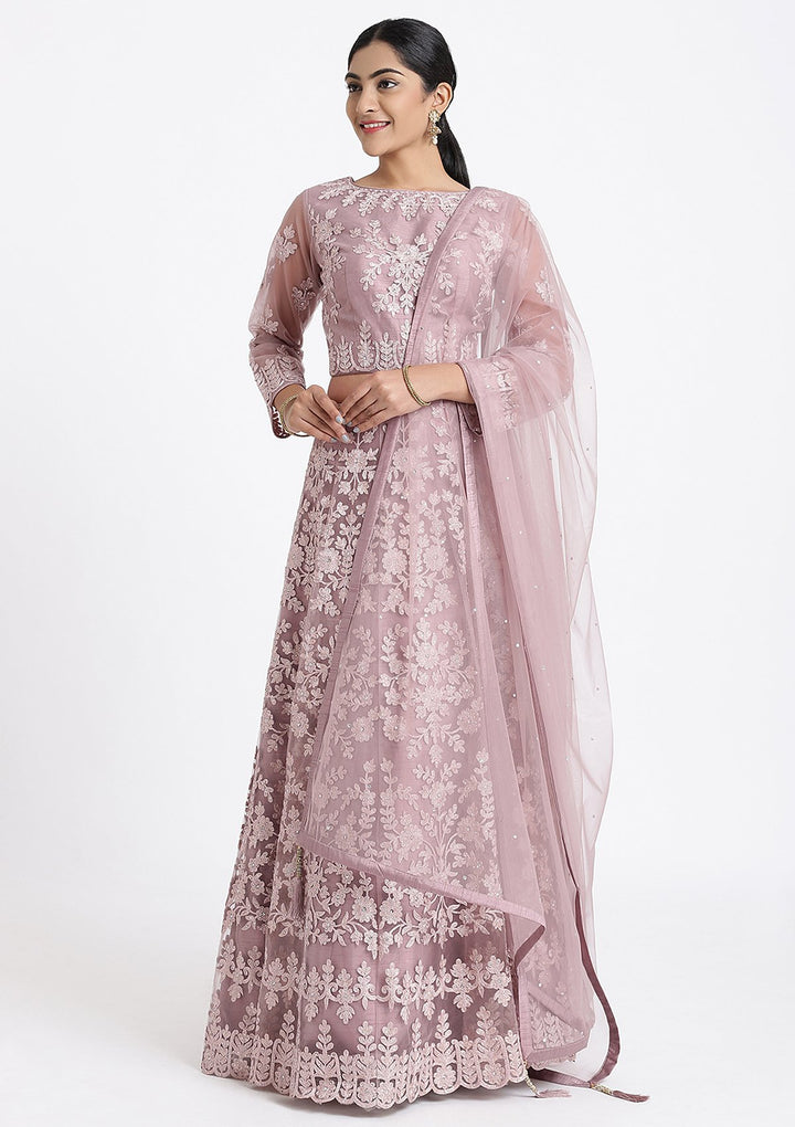 Mauve Threadwork Net Designer Lehenga-Koskii