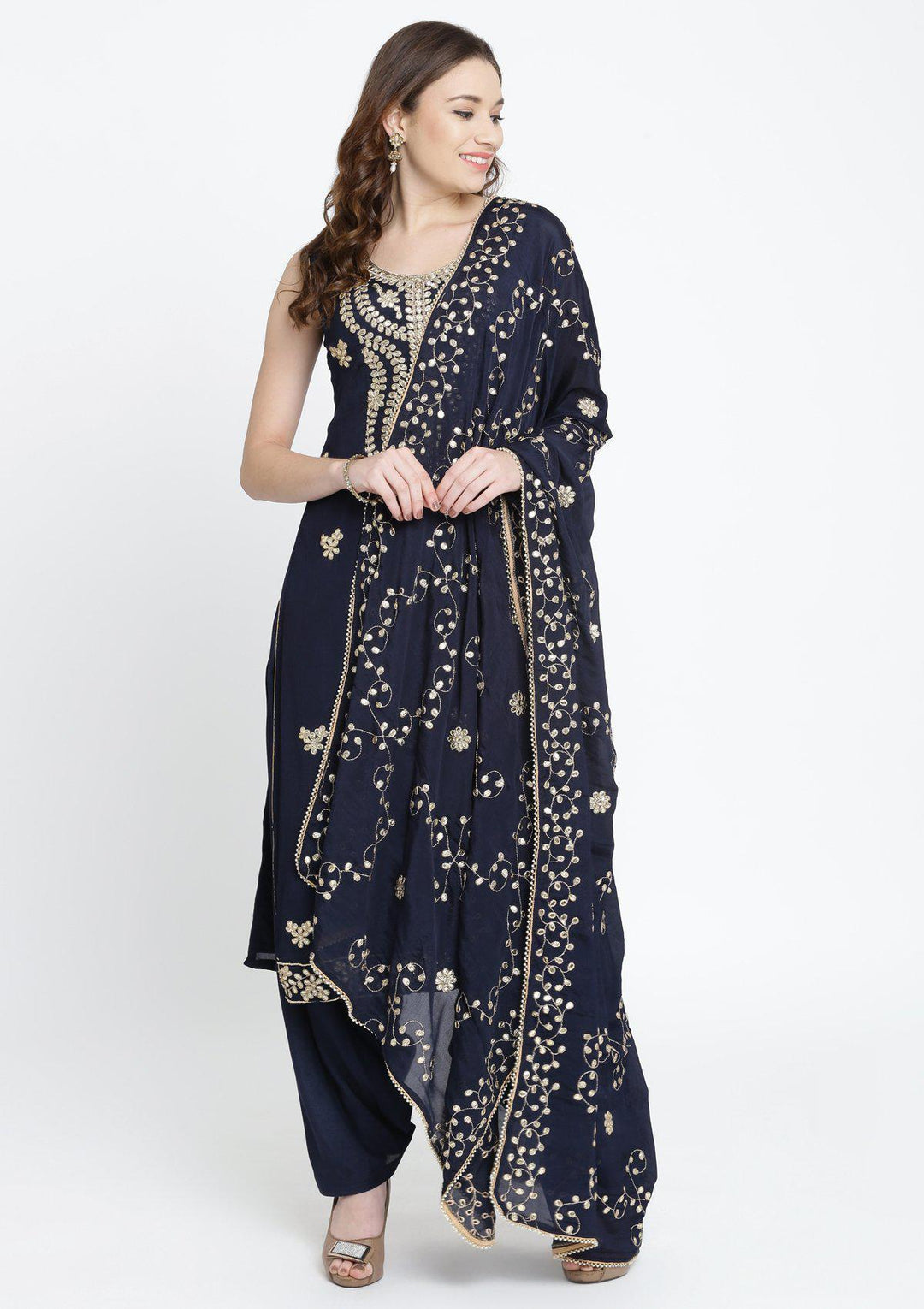Navy Blue Gotapatti Semi Crepe Designer Salwar Suit-Koskii