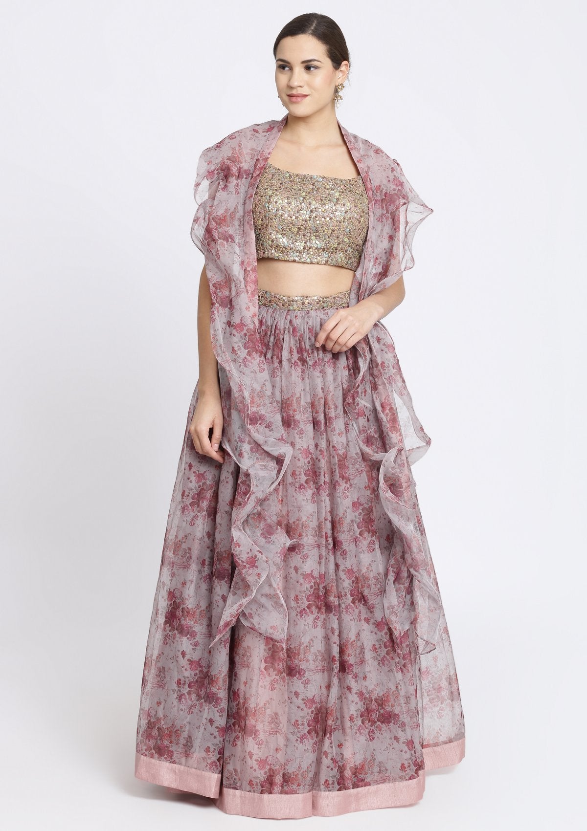 Lavender and Brown Sequins Tissue Designer Lehenga-Koskii