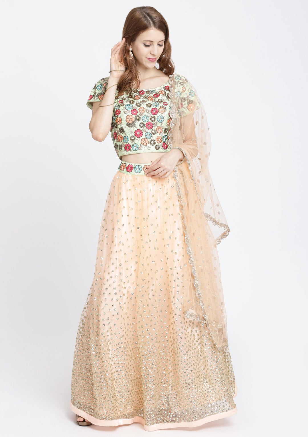 Peach Sequins Net Designer Lehenga-Koskii