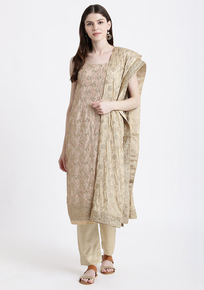 Beige Stonework Chanderi Designer Salwar Suit-Koskii