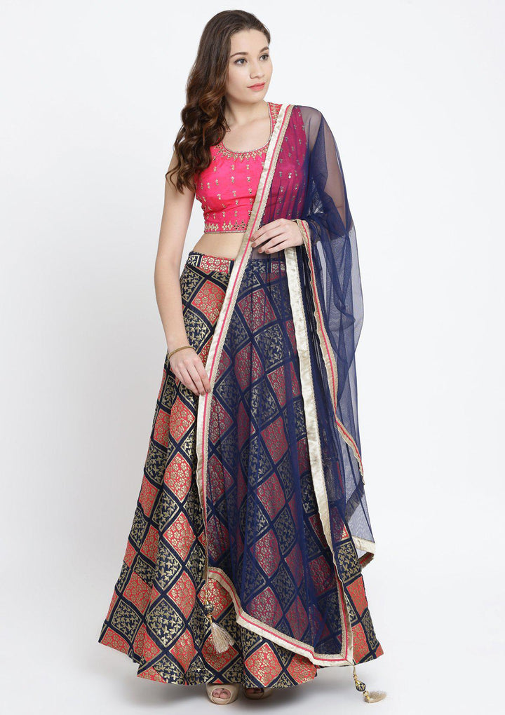 Navy Blue and Fuschia Mirrorwork Brocade Designer Lehenga-Koskii