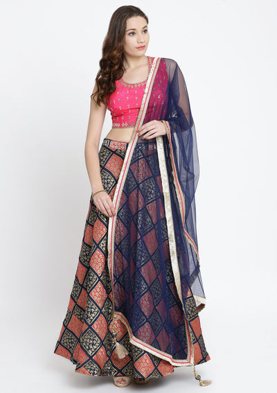 Navy Blue and Fuschia Mirrorwork Brocade Designer Lehenga-Koskii