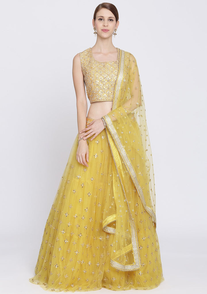 Yellow Gotapatti Net Designer Lehenga-Koskii