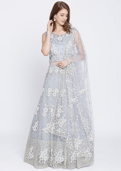 Light Grey Cutdana Net Designer Gown-Koskii